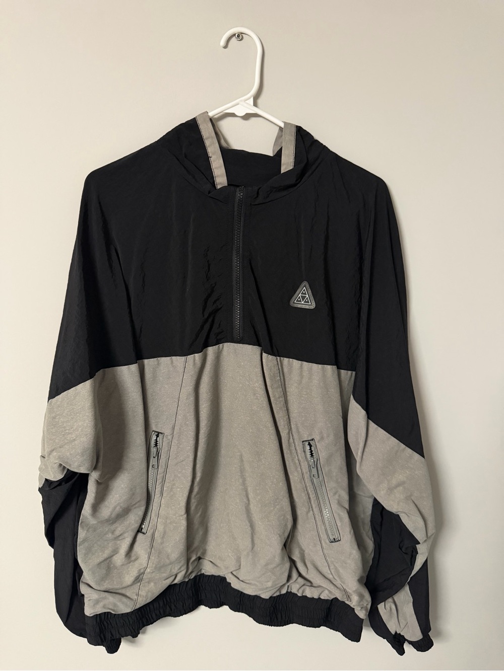 Men's Two-Tone Black and Light Gray Hooded Windbreaker